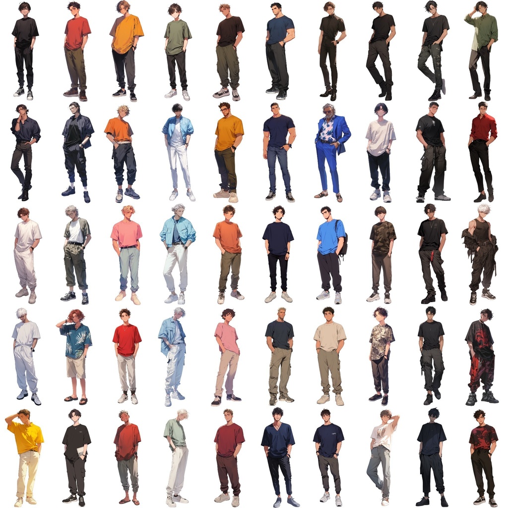 【透過素材】立ち絵・夏服/男性50枚(半袖Tシャツ、ジーンズ、シャツ、メンズファッション)