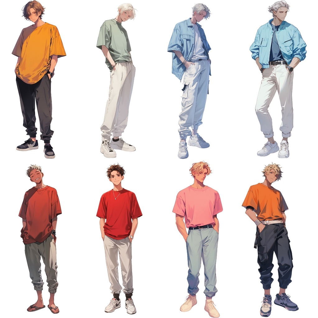 【透過素材】立ち絵・夏服/男性50枚(半袖Tシャツ、ジーンズ、シャツ、メンズファッション)