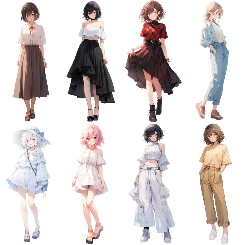 【透過素材】立ち絵・夏服/女性50枚(半袖Tシャツ、オフショルダー、ワイシャツ、レディースファッション)