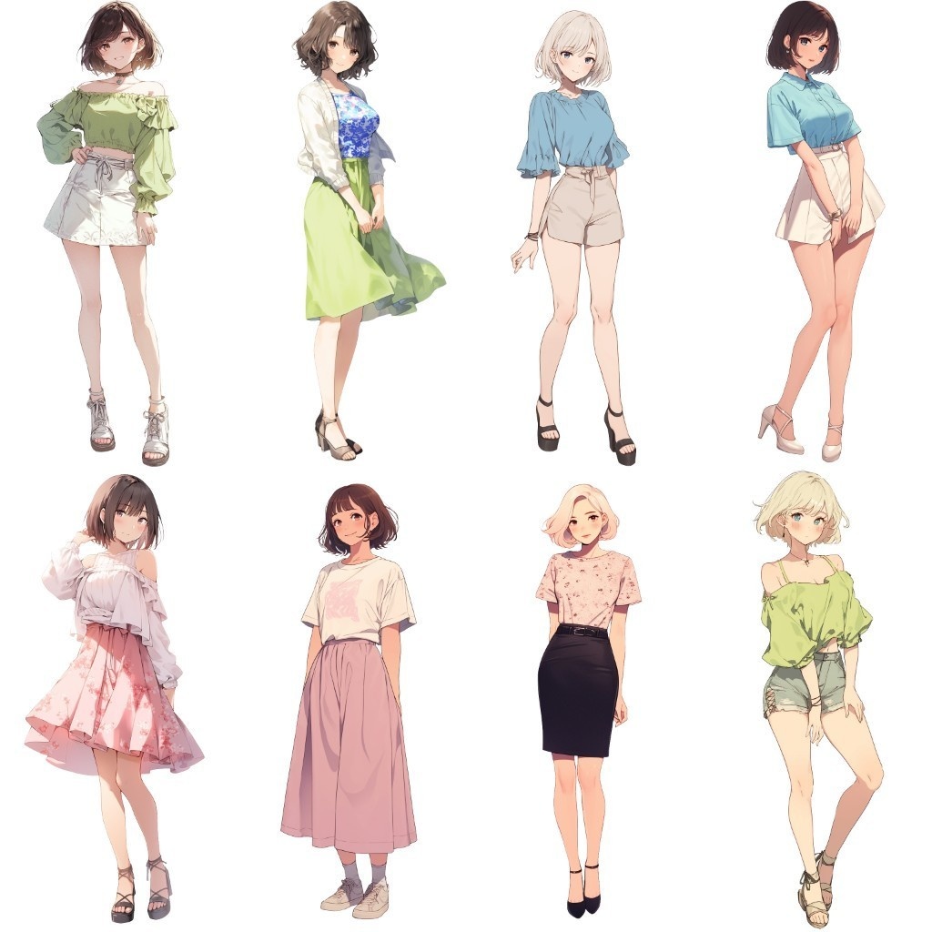 【透過素材】立ち絵・夏服/女性50枚(半袖Tシャツ、オフショルダー、ワイシャツ、レディースファッション)