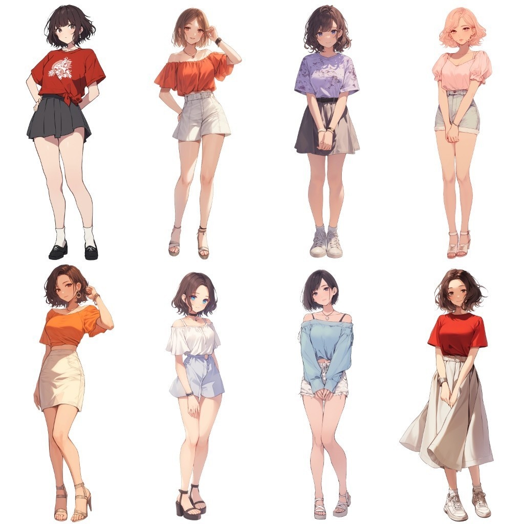 【透過素材】立ち絵・夏服/女性50枚(半袖Tシャツ、オフショルダー、ワイシャツ、レディースファッション)