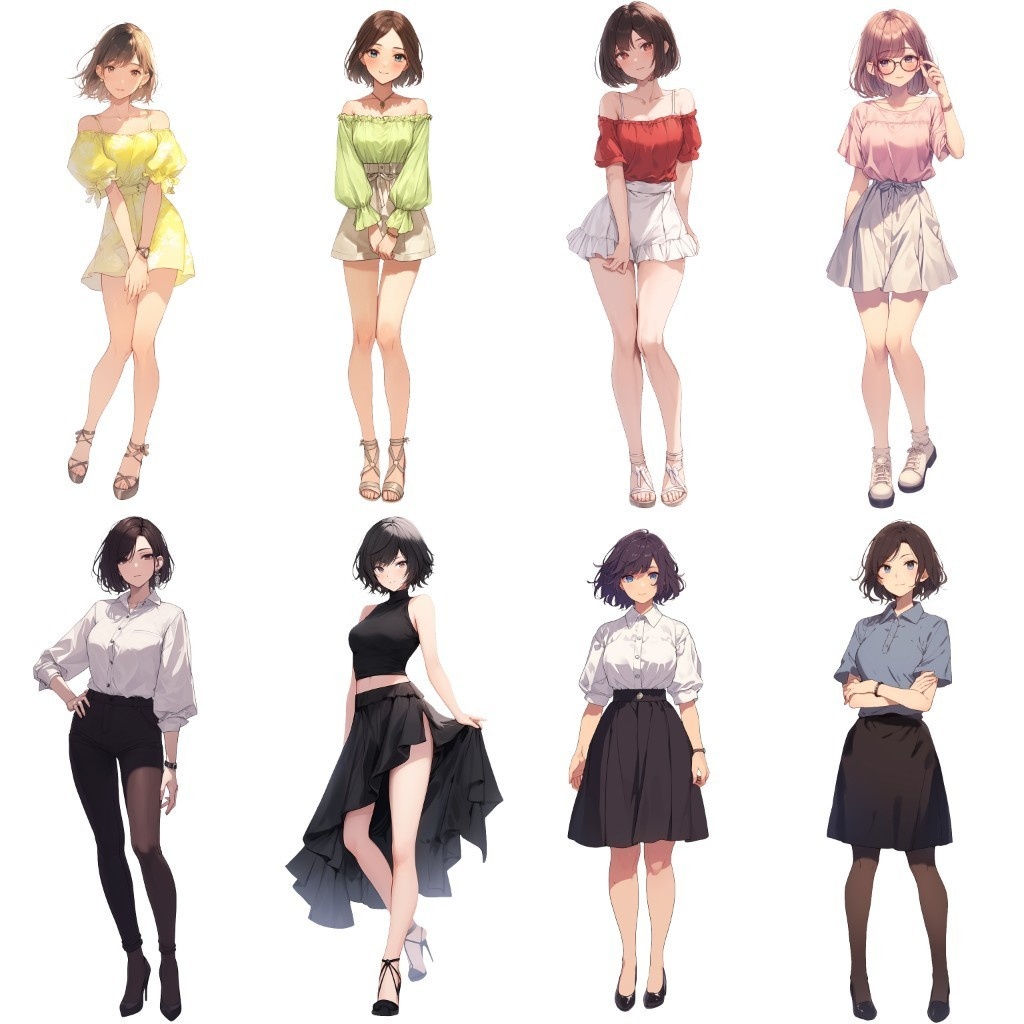 【透過素材】立ち絵・夏服/女性50枚(半袖Tシャツ、オフショルダー、ワイシャツ、レディースファッション)