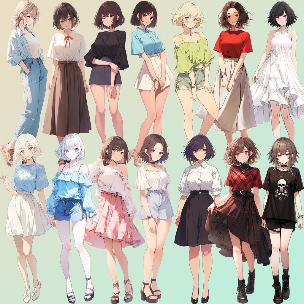 【透過素材】立ち絵・夏服/女性50枚(半袖Tシャツ、オフショルダー、ワイシャツ、レディースファッション)