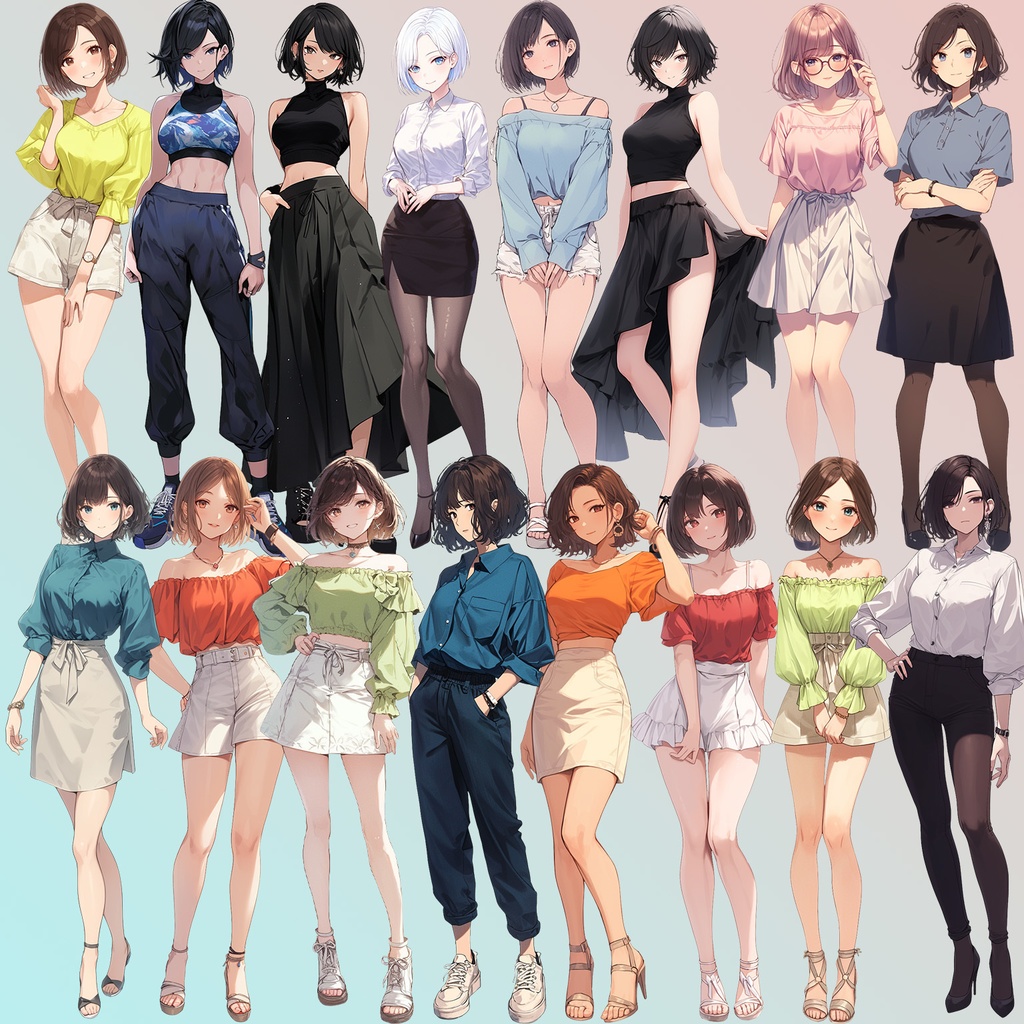 【透過素材】立ち絵・夏服/女性50枚(半袖Tシャツ、オフショルダー、ワイシャツ、レディースファッション)