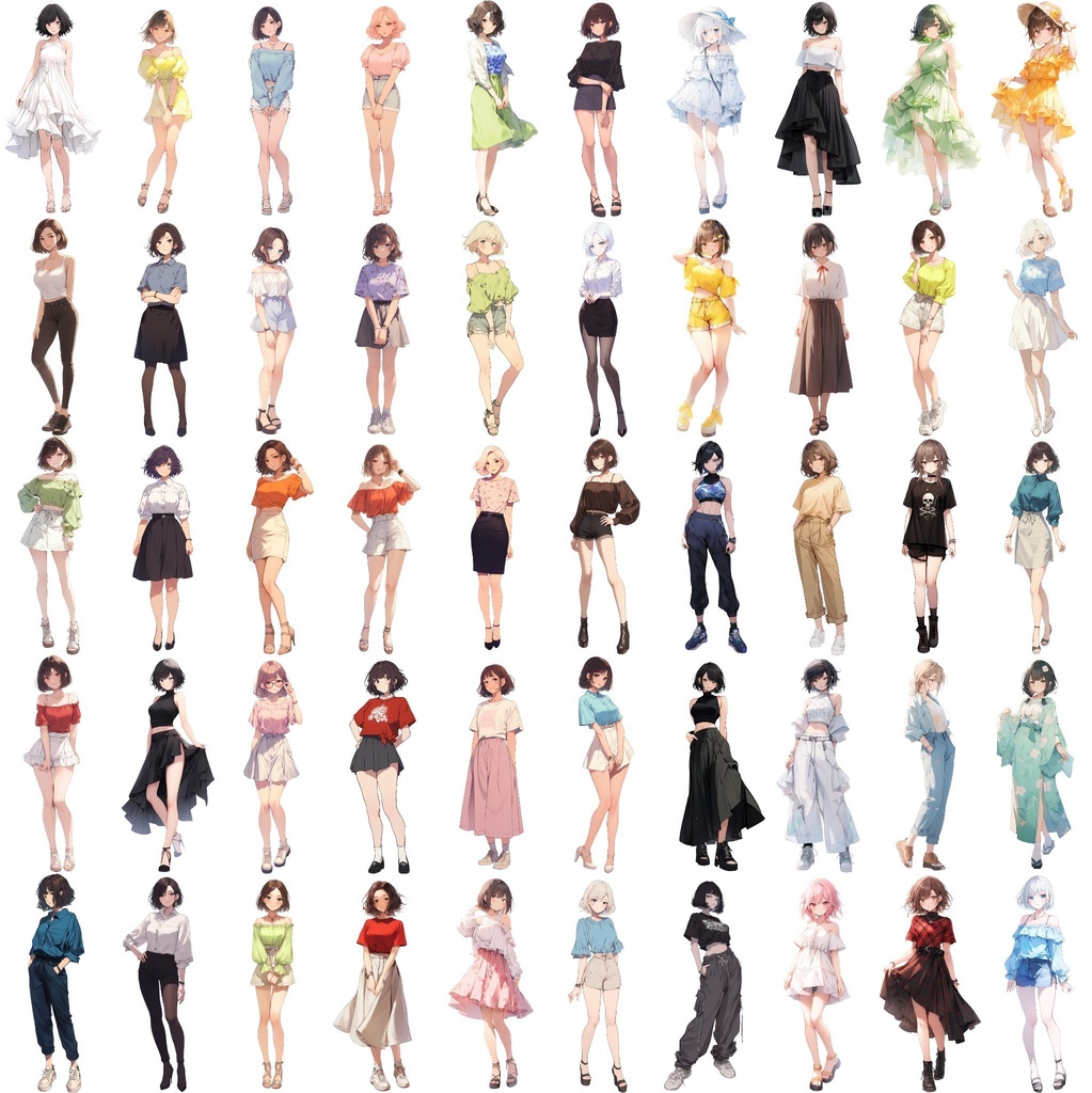 【透過素材】立ち絵・夏服/女性50枚(半袖Tシャツ、オフショルダー、ワイシャツ、レディースファッション)