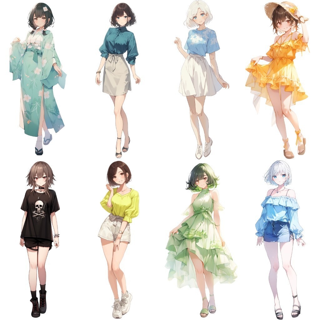 【透過素材】立ち絵・夏服/女性50枚(半袖Tシャツ、オフショルダー、ワイシャツ、レディースファッション)