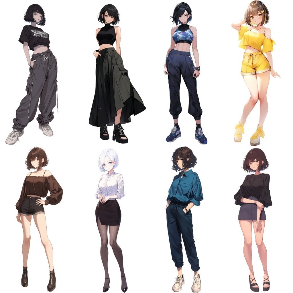 【透過素材】立ち絵・夏服/女性50枚(半袖Tシャツ、オフショルダー、ワイシャツ、レディースファッション)