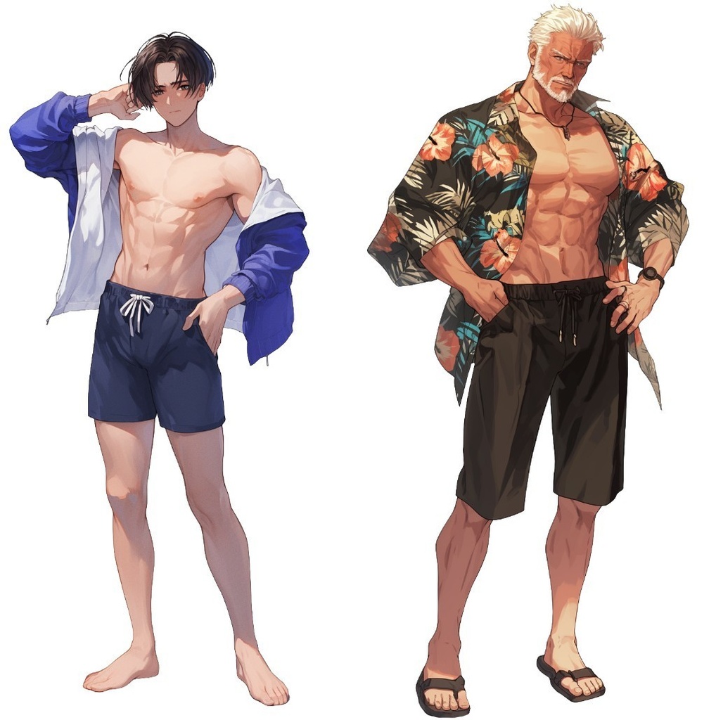 【透過素材】立ち絵・水着/男性50枚(夏用衣装、水泳着、アロハシャツ)