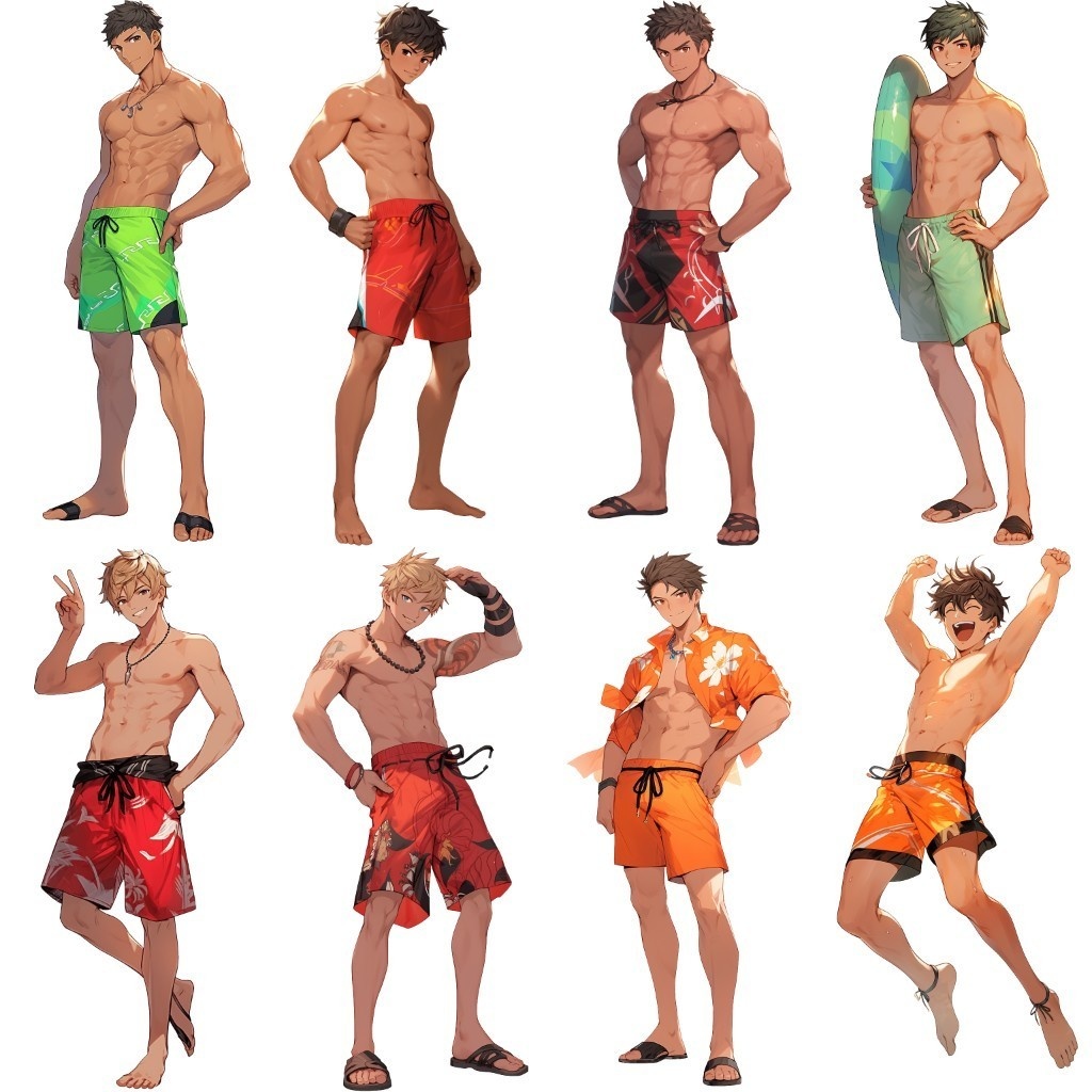 【透過素材】立ち絵・水着/男性50枚(夏用衣装、水泳着、アロハシャツ)