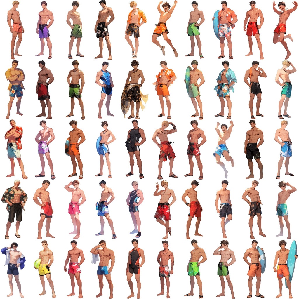 【透過素材】立ち絵・水着/男性50枚(夏用衣装、水泳着、アロハシャツ)