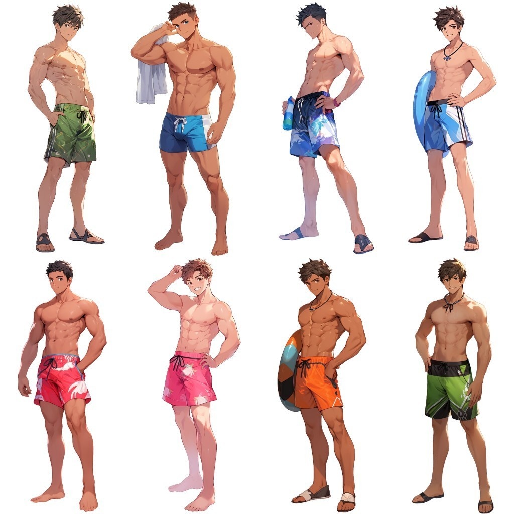 【透過素材】立ち絵・水着/男性50枚(夏用衣装、水泳着、アロハシャツ)