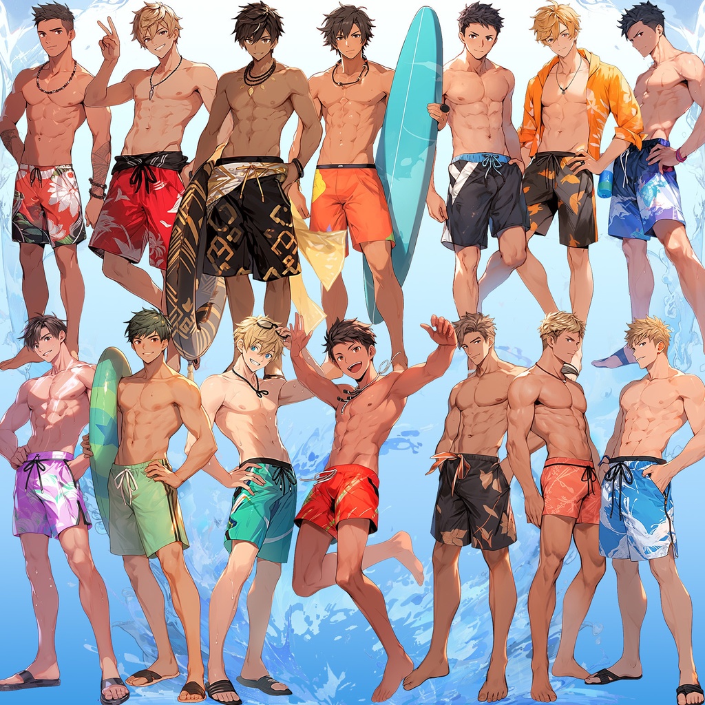 【透過素材】立ち絵・水着/男性50枚(夏用衣装、水泳着、アロハシャツ)