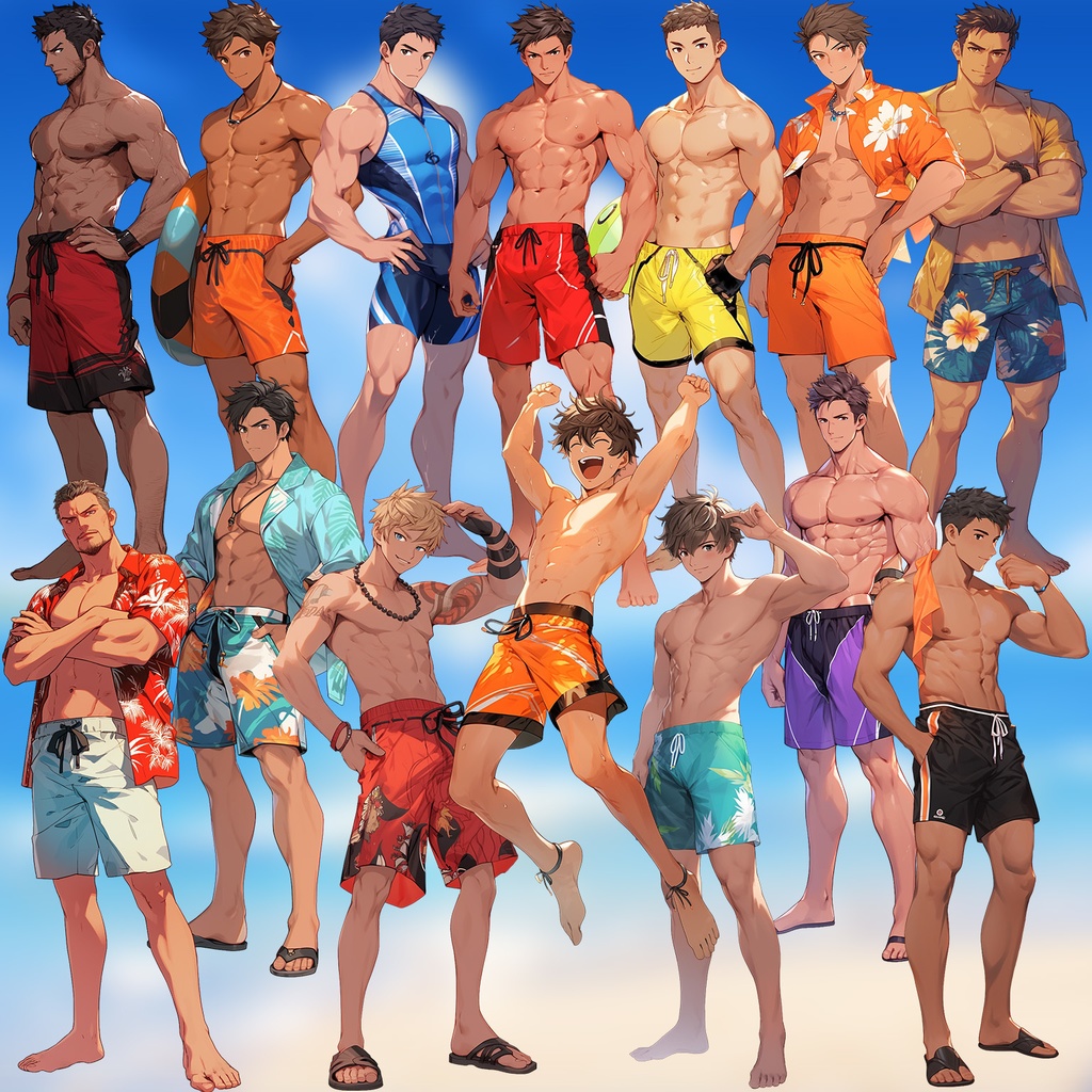 【透過素材】立ち絵・水着/男性50枚(夏用衣装、水泳着、アロハシャツ)