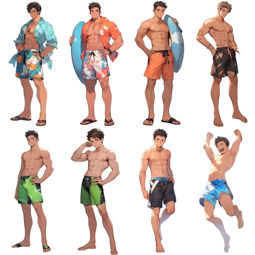 【透過素材】立ち絵・水着/男性50枚(夏用衣装、水泳着、アロハシャツ)