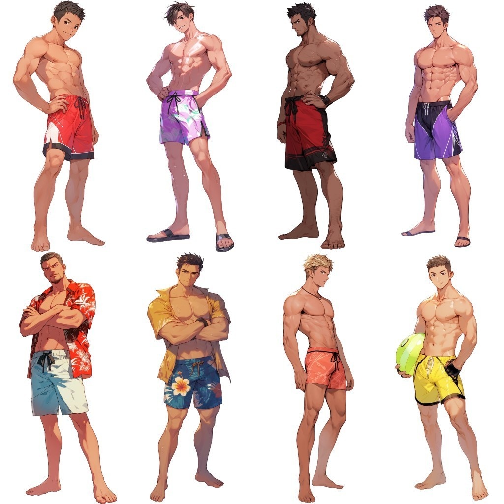 【透過素材】立ち絵・水着/男性50枚(夏用衣装、水泳着、アロハシャツ)