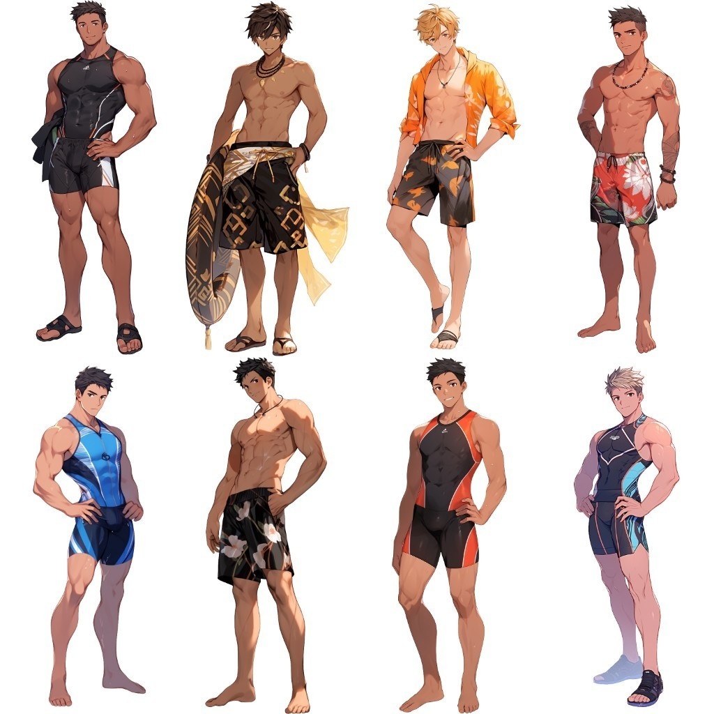 【透過素材】立ち絵・水着/男性50枚(夏用衣装、水泳着、アロハシャツ)