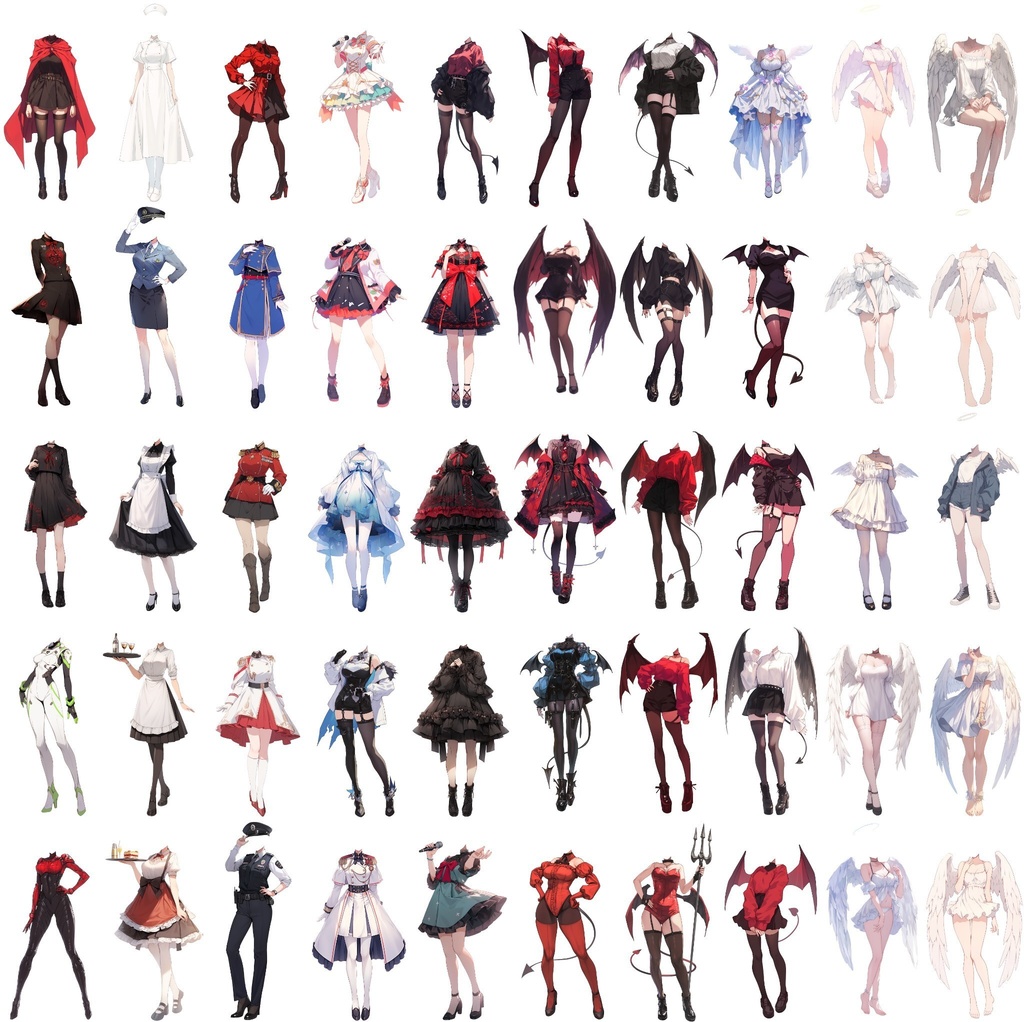 【透過素材】コスプレ衣装/女性50枚(立ち絵作成用・天使,悪魔,アイドル,軍服,職業)