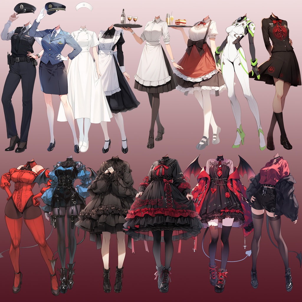 【透過素材】コスプレ衣装/女性50枚(立ち絵作成用・天使,悪魔,アイドル,軍服,職業)