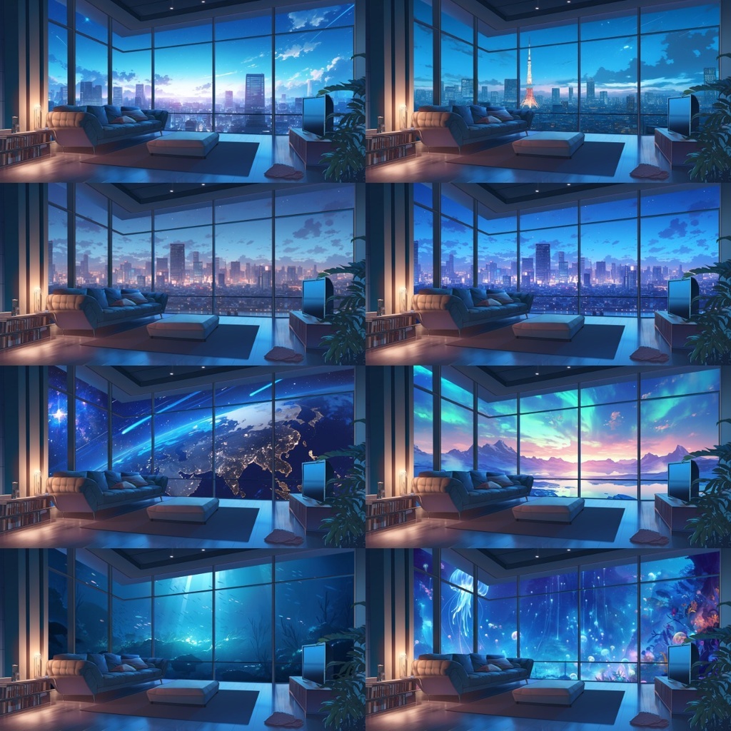 【透過素材】窓だけ透過・夜部屋10枚