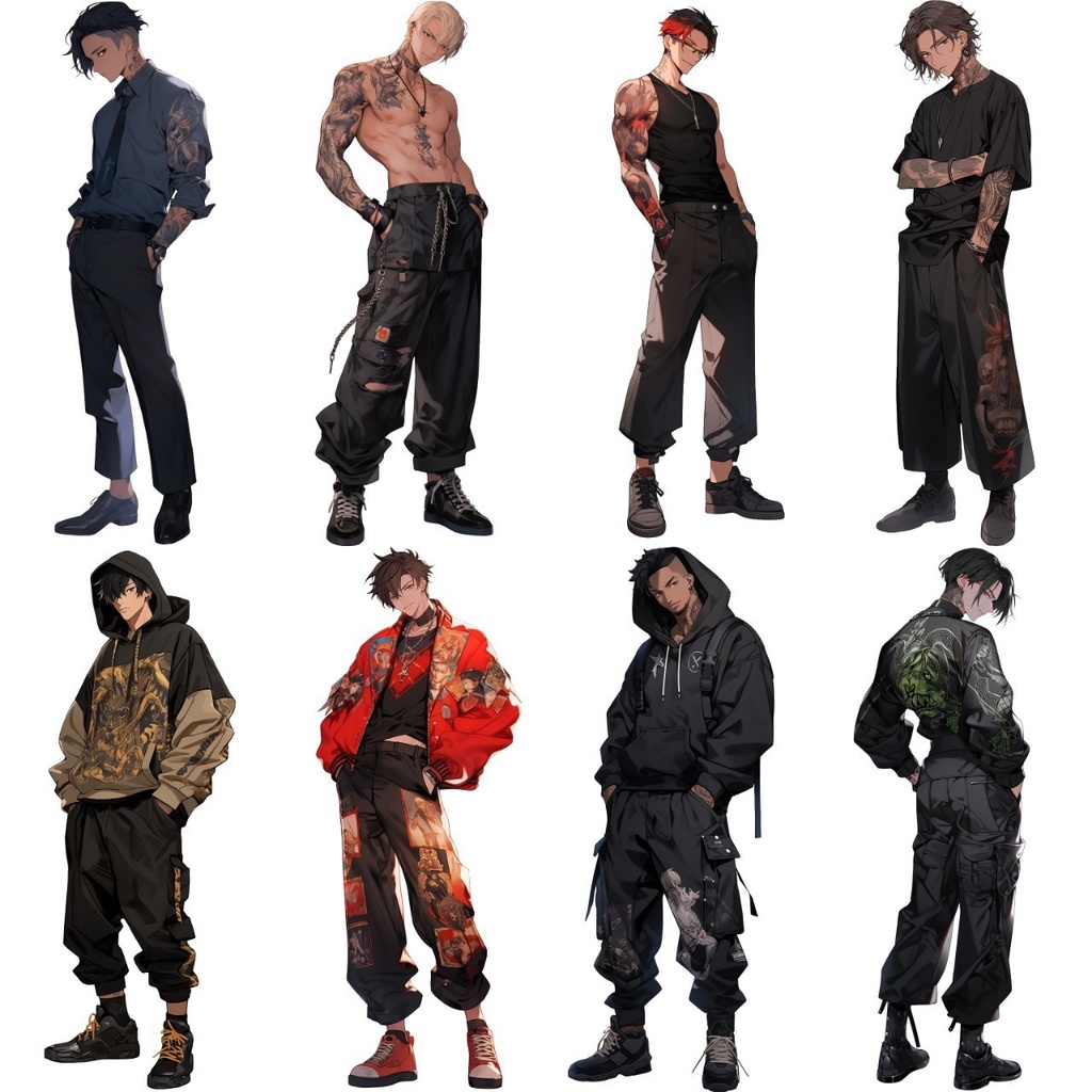 【透過素材】立ち絵・不良/男性50枚(タトゥー,タンクトップ,パーカー)