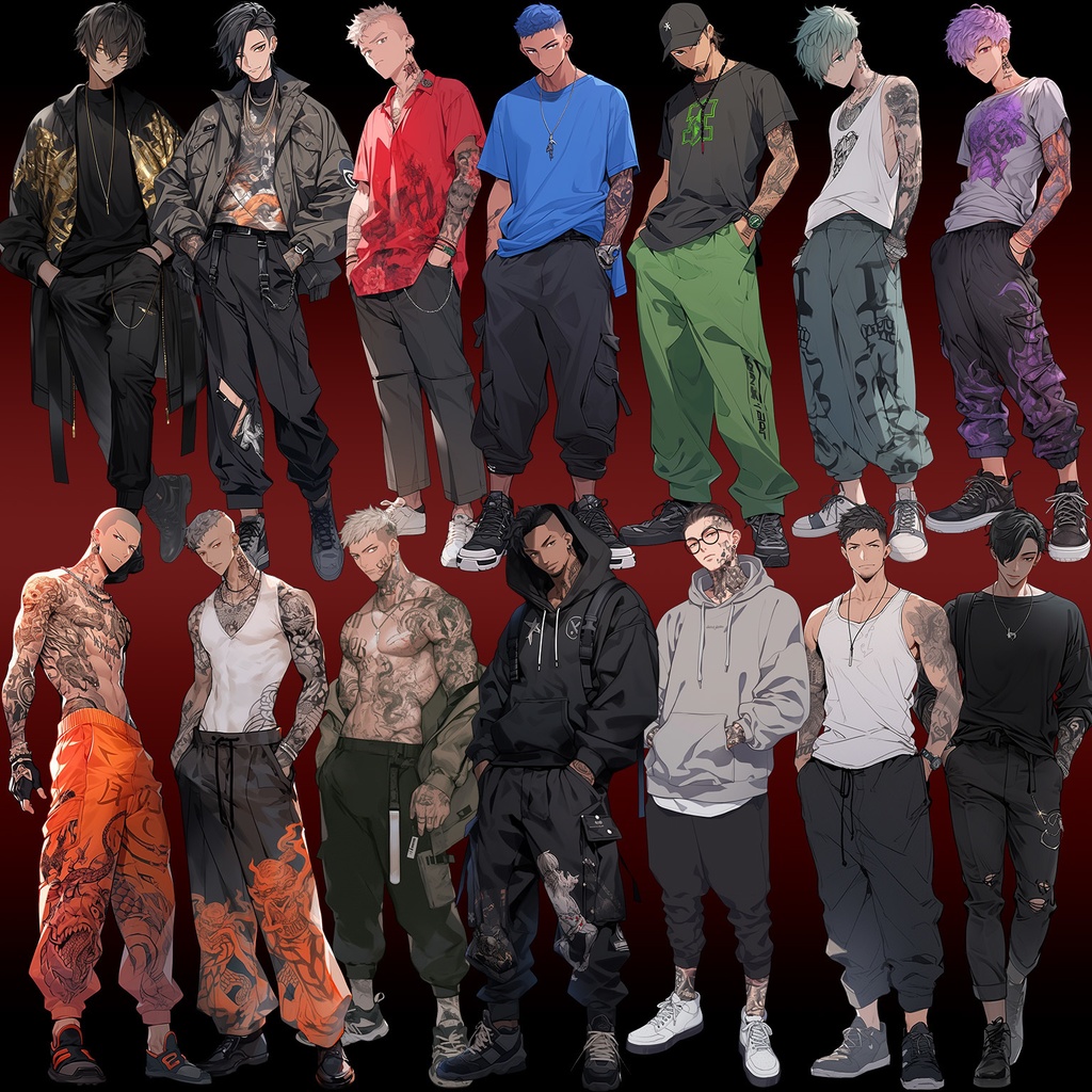 【透過素材】立ち絵・不良/男性50枚(タトゥー,タンクトップ,パーカー)