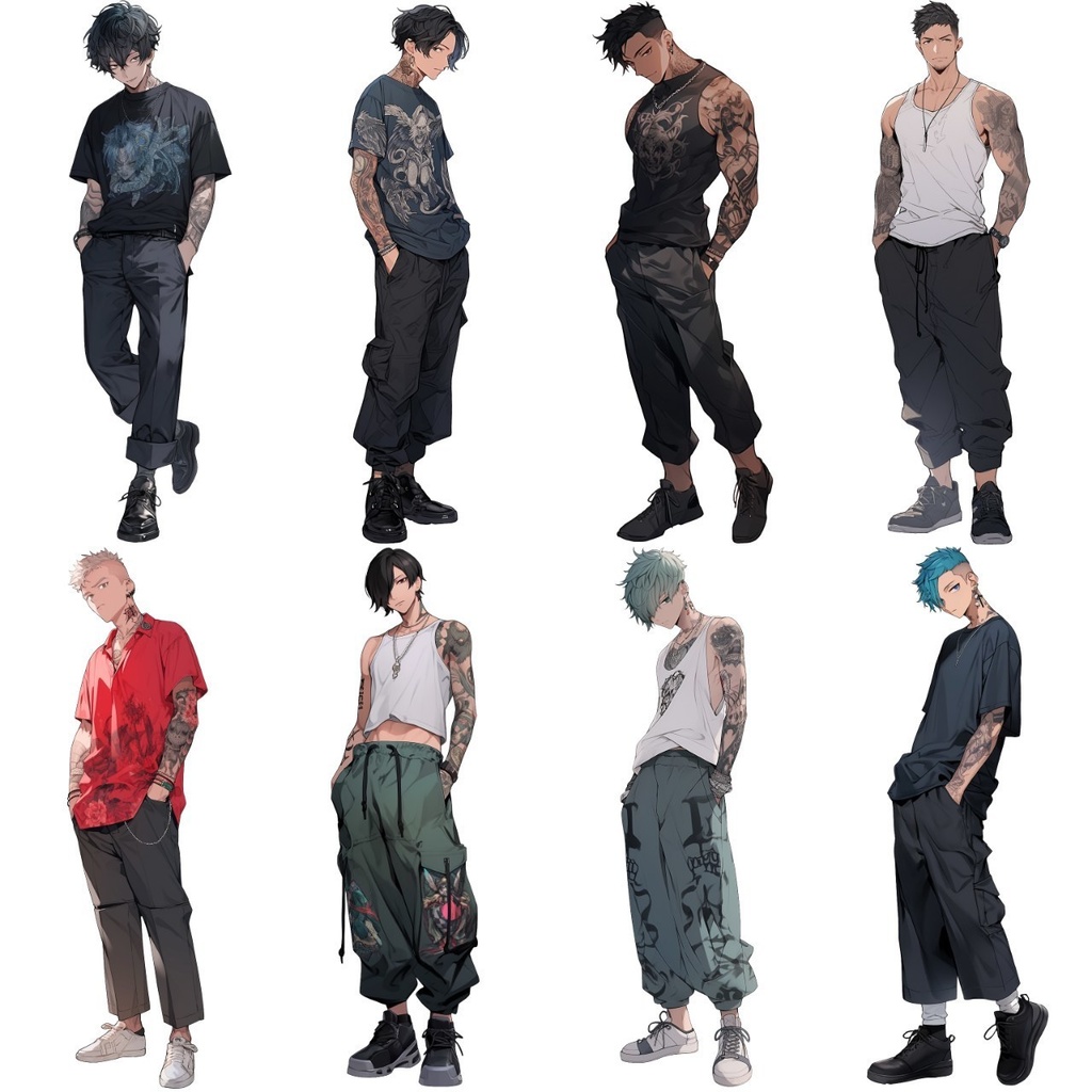 【透過素材】立ち絵・不良/男性50枚(タトゥー,タンクトップ,パーカー)