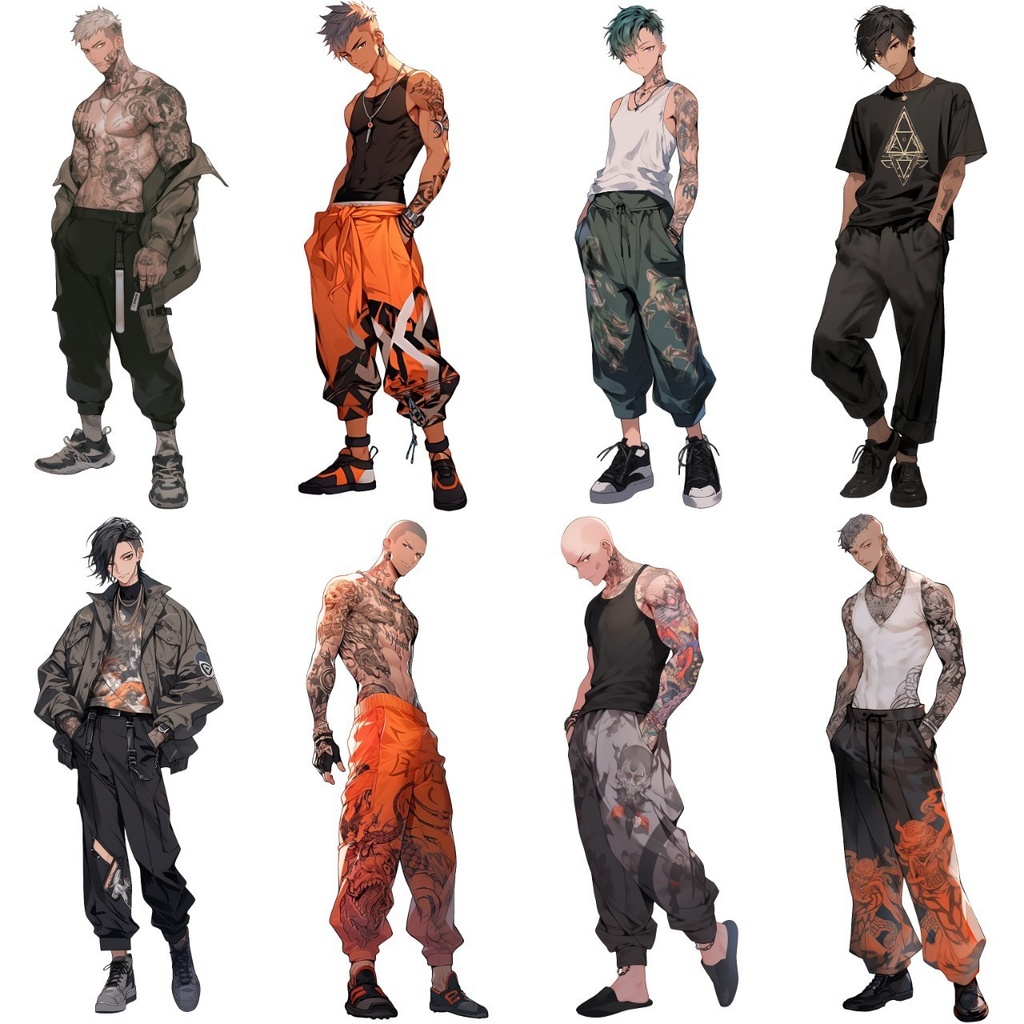 【透過素材】立ち絵・不良/男性50枚(タトゥー,タンクトップ,パーカー)