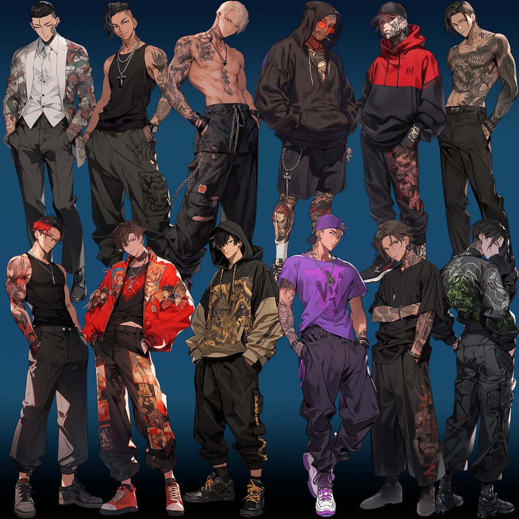 【透過素材】立ち絵・不良/男性50枚(タトゥー,タンクトップ,パーカー)