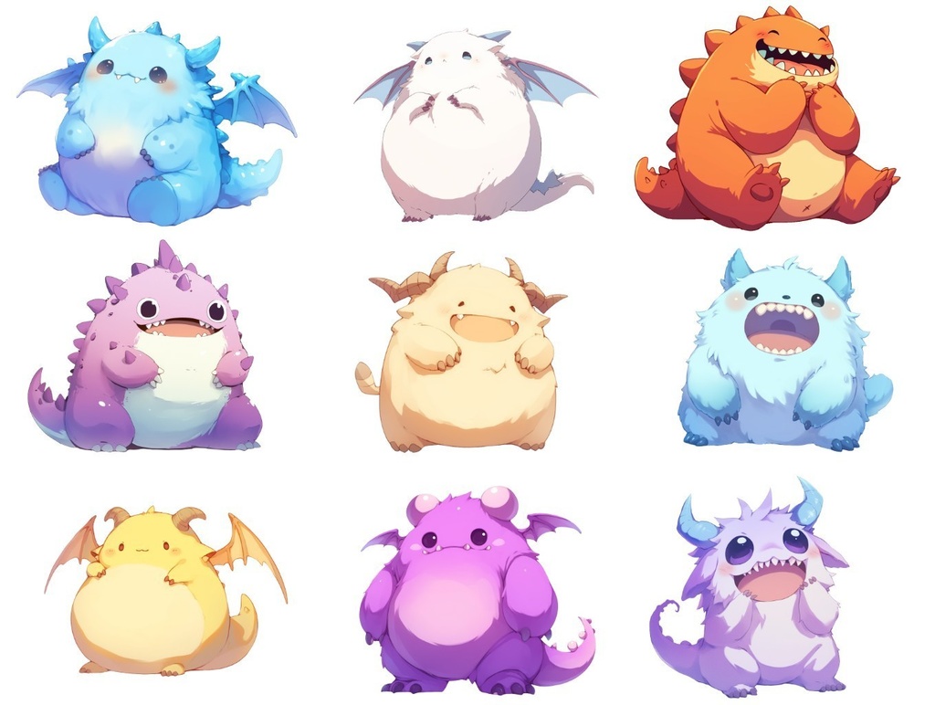 【透過素材】ゆるいモンスター50枚(ふわふわ、もこもこ、ぷにぷに、可愛いモンスター)