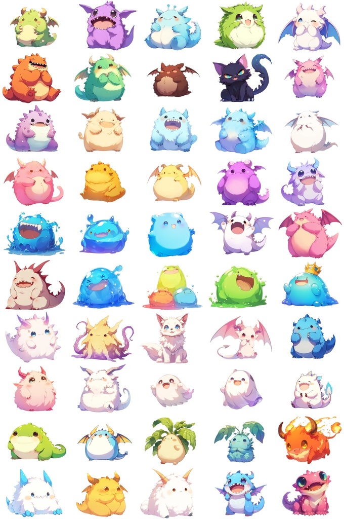 【透過素材】ゆるいモンスター50枚(ふわふわ、もこもこ、ぷにぷに、可愛いモンスター)