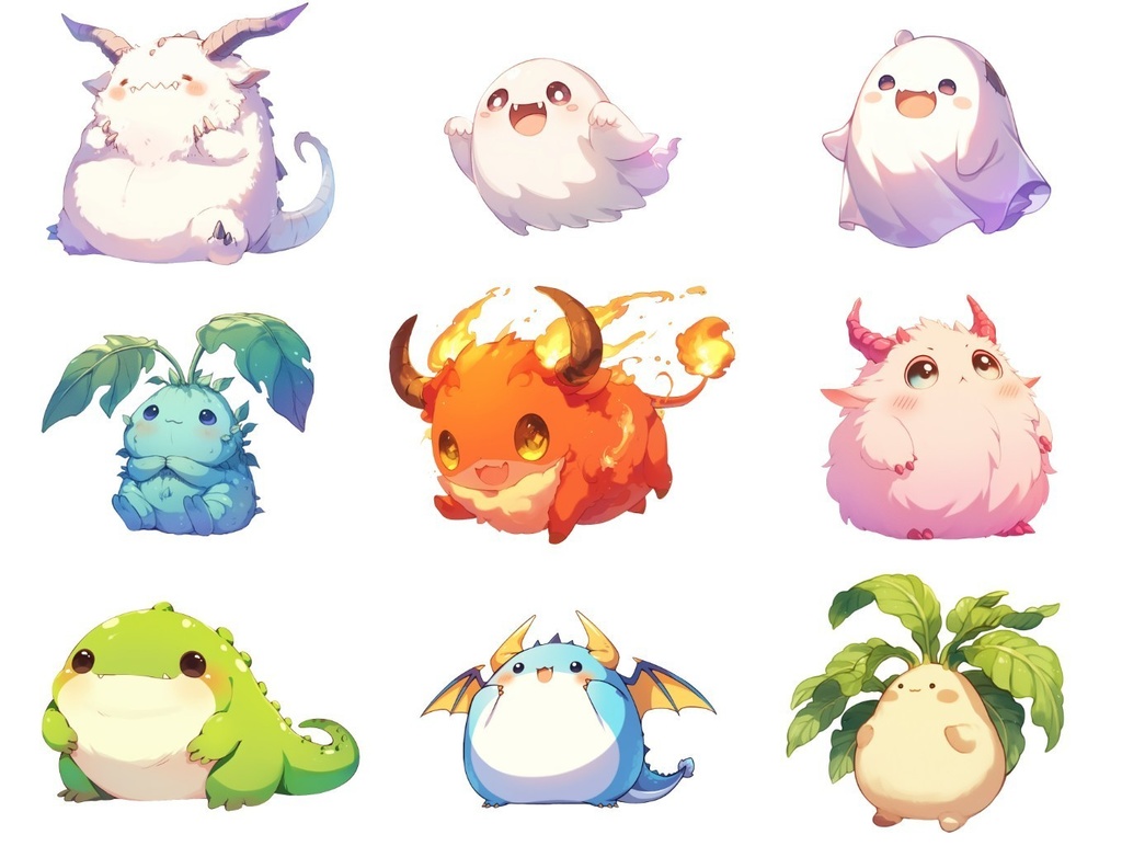 【透過素材】ゆるいモンスター50枚(ふわふわ、もこもこ、ぷにぷに、可愛いモンスター)