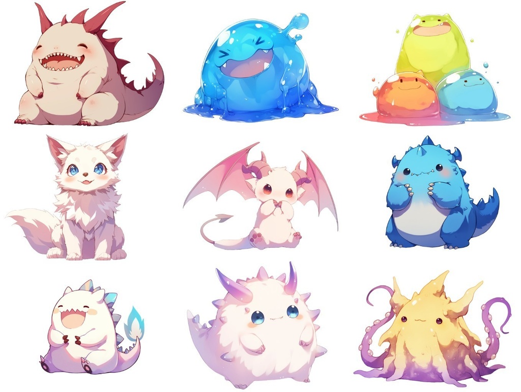 【透過素材】ゆるいモンスター50枚(ふわふわ、もこもこ、ぷにぷに、可愛いモンスター)