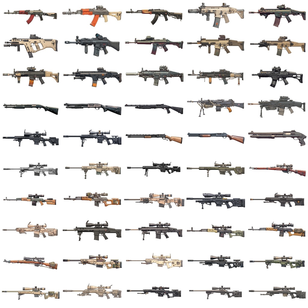 【透過素材】銃200枚(アサルトライフル,スナイパー,ショットガン,サブマシンガン,ハンドガン)