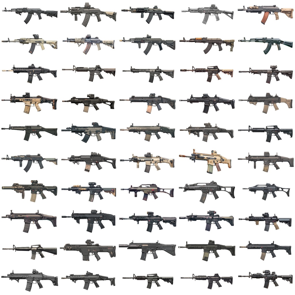 【透過素材】銃200枚(アサルトライフル,スナイパー,ショットガン,サブマシンガン,ハンドガン)