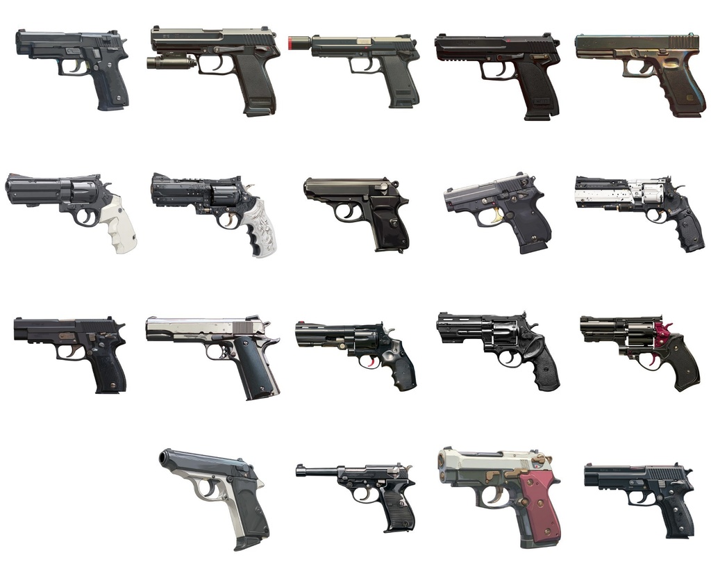 【透過素材】銃200枚(アサルトライフル,スナイパー,ショットガン,サブマシンガン,ハンドガン)