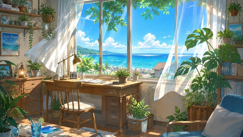 【動画素材】無料・海辺の部屋ループ背景動画
