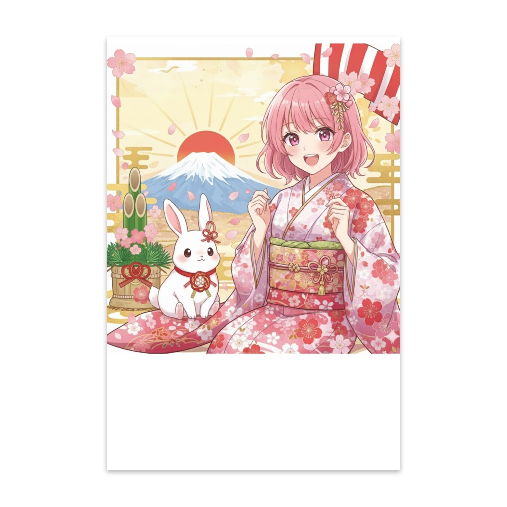 【文字なし多用途】さくらともちふわちゃんの「福を呼ぶ」特製ポストカード〜新年のご挨拶＆冬の便りに〜