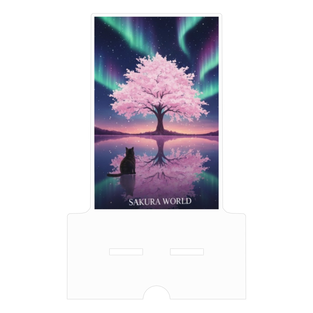 オーロラと桜のアクリルスマホスタンド「星見猫の特等席」