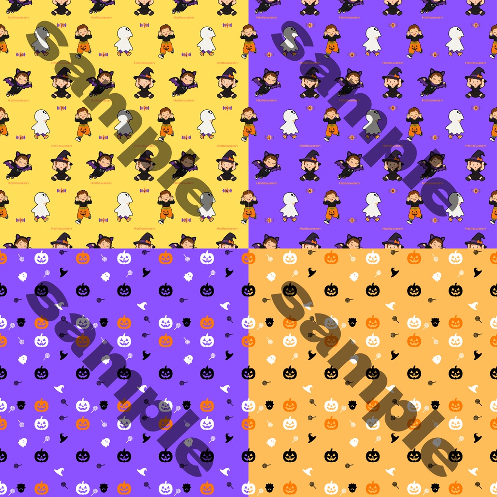 【ハロウィン素材セット】シームレスペーパー4種+メッセージカード&スマホ壁紙|ポップで可愛いキッズイラスト