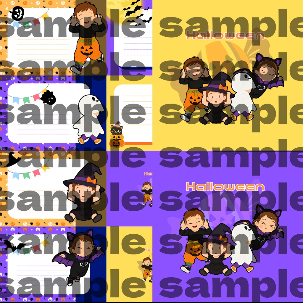【ハロウィン素材セット】シームレスペーパー4種+メッセージカード&スマホ壁紙|ポップで可愛いキッズイラスト