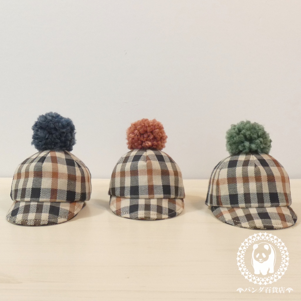 【10cm～12cmぬいぐるみ用】野球帽 (ぽんぽん付き チェック柄)