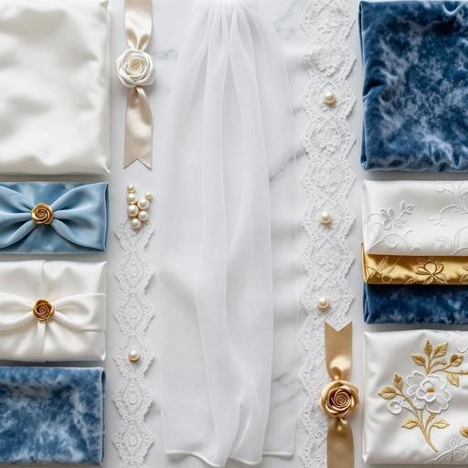 レース、サテン、ベルベット素材｜白・ブルー・ゴールドカラー｜lace, satin, velvet｜M0043