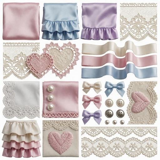 レース、布、リボン素材｜パープル・ピンク・ブルーカラー｜lace, fabric, ribbon｜M0063