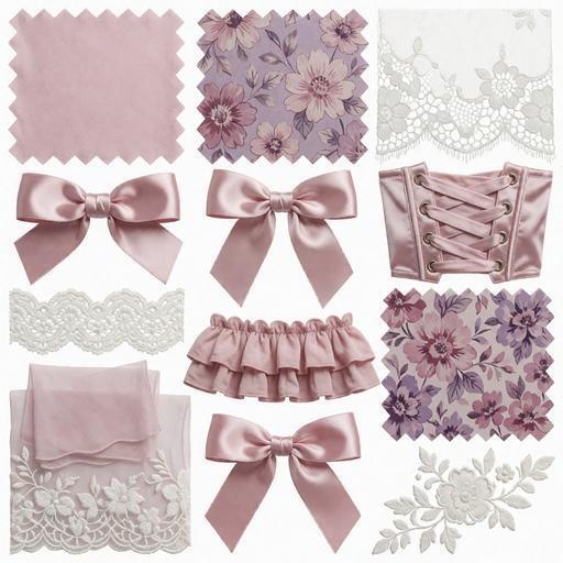レース、布、リボン素材｜パープル・ピンク・白カラー｜lace, fabric, ribbon｜M0071