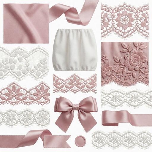 レース、布、サテン素材｜ピンク・白・シルバーカラー｜lace, fabric, satin｜M0072