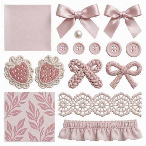 レース、リボン、ボタン素材｜ピンク・白・赤カラー｜lace, ribbon, buttons｜M0079