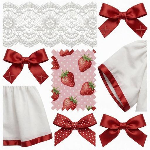 レース、布、リボン素材｜赤・白・ピンクカラー｜lace, fabric, ribbon｜M0080