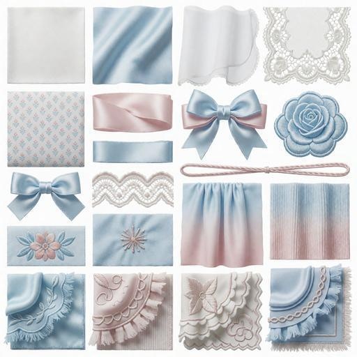 レース、布、リボン素材｜ブルー・ピンク・白カラー｜lace, fabric, ribbon｜M0082