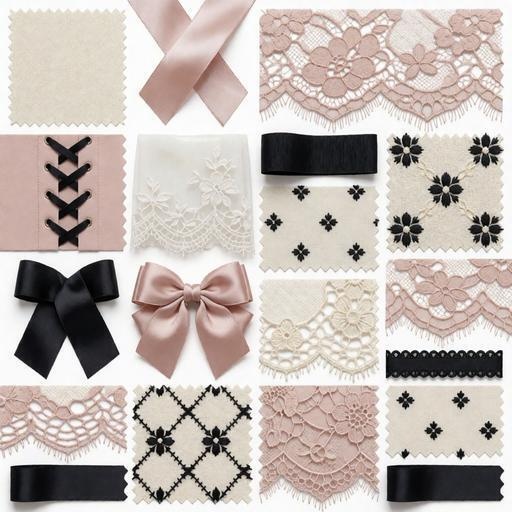 レース、サテン、リボン素材｜ベージュ・黒・ピンクカラー｜lace, satin, ribbon｜M0097