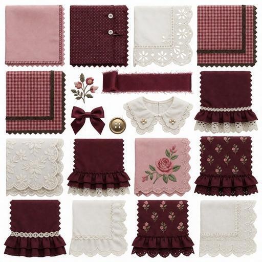 レース、布、リボン素材｜ピンク・赤・白カラー｜lace, fabric, ribbon｜M0116